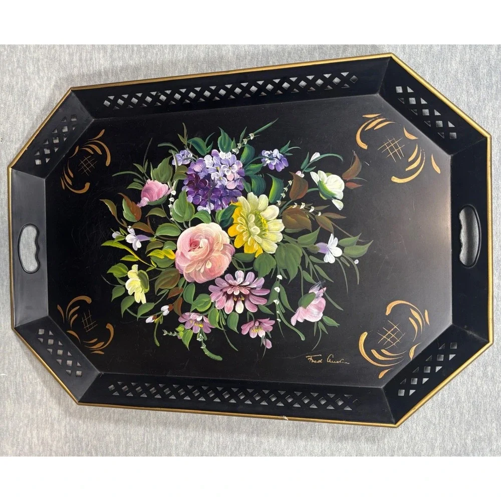 Vtg Nashco Hand‎ Painted Tray Tole Floral Black Octagon Serving Decor
